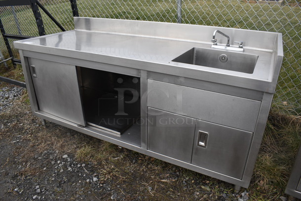 Stainless Steel Commercial Counter w/ Sink Basin, Handles, Faucet, Back Splash and Doors. 84x32x41. Bay 20x20x12