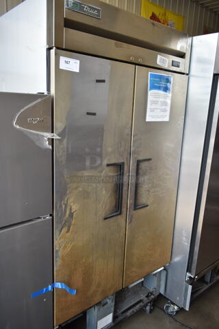 2017 True T-35-HC Stainless Steel Commercial 2 Door Reach In Cooler on Commercial Casters. 115 Volts, 1 Phase. Cannot Test - Unit Trips Breaker