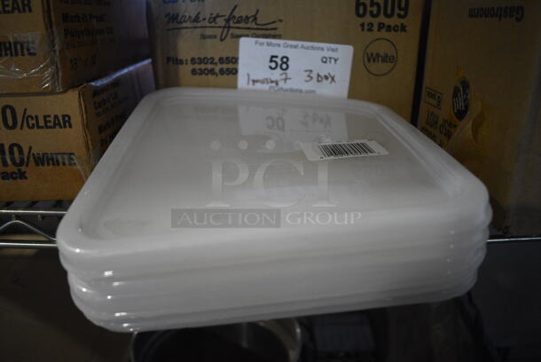 3 Boxes of 6 BRAND NEW! Rubbermaid White Poly Lids. One Box Missing 7 Lids. 8.5x9x0.5. 3 Times Your Bid!