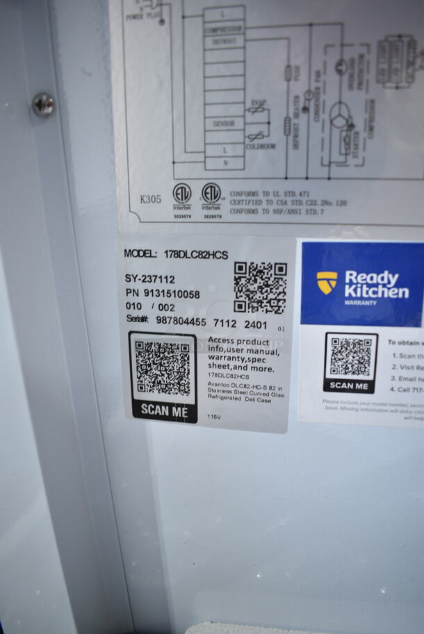 BRAND NEW SCRATCH AND DENT! 2024 Avantco 178DLC82HCS Stainless Steel Commercial Floor Style Curved Glass Refrigerated Deli Case Merchandiser. See Pictures For Broken Glass. 115 Volts, 1 Phase. Cannot Test Due To Cut Power Cord - Image 6 of 6