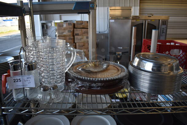 ALL ONE MONEY! Tier Lot of Various Items Including Metal Dome Cover Lids, Salt Shakers and Glass Pitcher