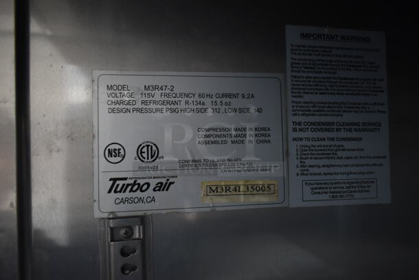 Turbo Air M3R47-2 Stainless Steel Commercial 2 Door Reach In Cooler w/ Poly Coated Racks on Commercial Casters. 115 Volts, 1 Phase. Tested and Powers On But Does Not Get Cold - Image 6 of 7
