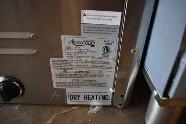 BRAND NEW SCRATCH AND DENT! 2023 Avantco 177STE3S Stainless Steel Commercial Floor Style Electric Powered 3 Bay Steam Table. Stock Picture Used as Gallery. 120 Volts, 1 Phase. Tested and Working! - Image 4 of 6