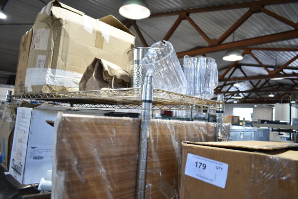 ALL ONE MONEY! Lot of 6 Tiers of Various Items Including Poly Drop In Bins, Candle Holders, Poly Pitchers and Glassware. Does Not Include Shelving Unit.   - Image 2 of 12