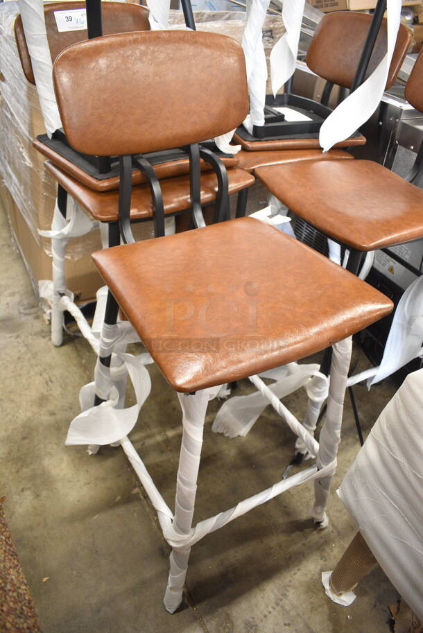 6 BRAND NEW SCRATCH AND DENT! Lancaster Table & Seating 164MCMCGRST Mid-Century Black Barstool with Cognac Vinyl Padded Seat and Backrest. 6 Times Your Bid! - Image 3 of 7