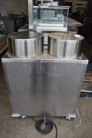 BRAND NEW! 2020 Delfield CAB2-1013QT Quick Temp Mobile Enclosed Two Stack Heated Dish Dispenser / Warmer on Commercial Casters. 120 Volts, 1 Phase. 15.5x30.5x43. Tested and Working!