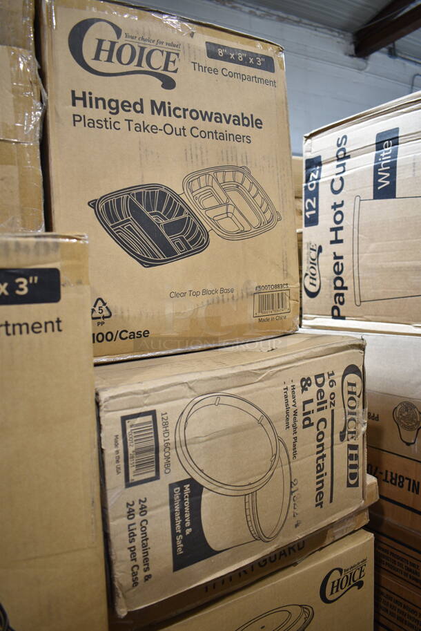 PALLET LOT of 29 BRAND NEW Boxes Including 2 Box Avantco 177FRYGUARD 18 Gauge Stainless Steel Splash Guard for FF and EF Series - 20 1/2" x 18", 2 Box 129MCR16B Choice 16 oz. Black 6 1/4" Round Microwavable Heavy Weight Container with Lid - 150/Case, 128HD16COMBO OneUp by Choice Kraft 2-Ply Wide Interfold 6 1/2" x 8 1/2" Dispenser Napkin - 6000/Case, 500TO883C3 Choice 8" x 8" x 3" Microwaveable 3-Compartment Black / Clear Plastic Hinged Container - 100/Case, 2 Box 500TO993 Choice 9" x 9" x 3" Microwavable 1-Compartment Black / Clear Plastic Hinged Container - 100/Case, 21480CWCCL Cambro 80CWC135 Camwear 1/8 Size Clear Polycarbonate Flat Lid, 2 Box 760SOUP8KFT EcoChoice 8 oz. Kraft Paper Food Cup with Vented Lid - 250/Case, 2 Box 50020C Choice 20 oz. Coffee Print Poly Paper Hot Cup - 600/Case, 3 Box 5014455HVY Lavex Hercules 56 Gallon 2 Mil 44" x 55" Low Density Heavy-Duty BlackCan Liner / Trash Bag - 50/Case, 130HCUTKWR Visions Individually Wrapped White Heavy Weight Plastic Knife - 1000/Case, Fineline 42RCL2432 Conserveware PETE Dome Lid for 24/32 oz. Rectangular Bowls - 300/Case, 130WSPOON Choice Medium Weight White Plastic Teaspoon - 1000/Case, 760BB12 Carnival King 12 oz. Clear Plastic Banana Split Boat - 500/Case, Bar Height Stool. 29 Times Your Bid! - Image 3 of 12