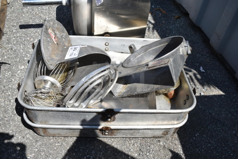 ALL ONE MONEY! Lot of Various Items Including Pelican Head, Whisk Attachments and Paddle Attachment in 2 Metal Bins. 