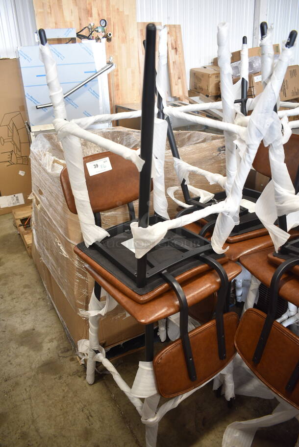 6 BRAND NEW SCRATCH AND DENT! Lancaster Table & Seating 164MCMCGRST Mid-Century Black Barstool with Cognac Vinyl Padded Seat and Backrest. 6 Times Your Bid! - Image 6 of 7