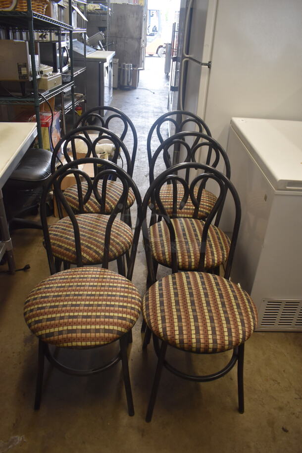 6 Black Bistro Dining Chairs with Circular Cushions. Some Pads May Need Reattached. 
Stock Picture - Cosmetic Condition May Vary. 6 Times Your Bid!
