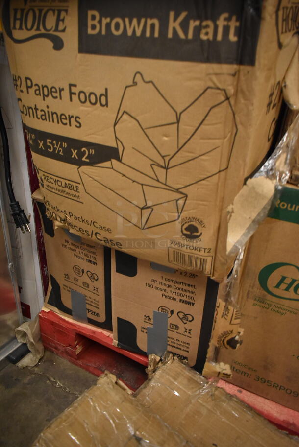PALLET LOT of 35 BRAND NEW Boxes Including 795PTOKFT2 Choice 7 3/4" x 5 1/2" x 2" Kraft Microwavable Folded Paper #2 Take-Out Container - 200/Case, 5 Box 395RP09 EcoChoice Compostable Sugarcane, 966TALLFLDN Choice Kraft Natural Tall-Fold 6" x 13" Dispenser Napkin - 8000/Case, 612OB15LBD Choice 1.5 lb. Oblong Deep Foil Take-Out Container - 500/Case, 347RPBD10WHS PLATE 10" WH/SLV BAND 120 SILVER VISIONS, 130CLKFSNSPH Visions 10" White Plastic Plate with Silver Bands - 120/Case, 500TW7 Choice 7 oz. Translucent Thin Wall Plastic Cold Cup - 2500/Case, 5002DNAP Choice White 2-Ply Dinner Napkin 17" x 15" - 3000/Case, 2 Box 394365L Noble Products Powder-Free Disposable Clear Vinyl Gloves for Foodservice - Large - 1000/Case. 35 Times Your Bid! - Image 2 of 12