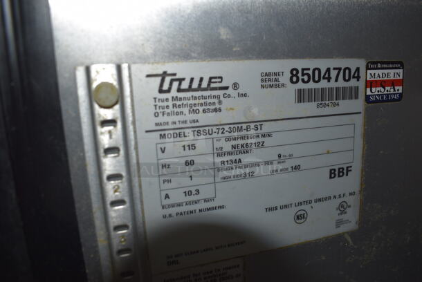 2015 Model True TSSU-72-30M-B-ST Commercial Stainless Steel Sandwich/Salad Prep Table With Overhead Shelving And Refrigerated Base With Steel Racks. 115V/1 Phase. Tested And Working! - Image 9 of 9