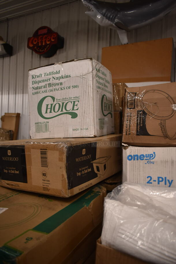 PALLET LOT of 35 BRAND NEW Boxes Including 795PTOKFT2 Choice 7 3/4" x 5 1/2" x 2" Kraft Microwavable Folded Paper #2 Take-Out Container - 200/Case, 5 Box 395RP09 EcoChoice Compostable Sugarcane, 966TALLFLDN Choice Kraft Natural Tall-Fold 6" x 13" Dispenser Napkin - 8000/Case, 612OB15LBD Choice 1.5 lb. Oblong Deep Foil Take-Out Container - 500/Case, 347RPBD10WHS PLATE 10" WH/SLV BAND 120 SILVER VISIONS, 130CLKFSNSPH Visions 10" White Plastic Plate with Silver Bands - 120/Case, 500TW7 Choice 7 oz. Translucent Thin Wall Plastic Cold Cup - 2500/Case, 5002DNAP Choice White 2-Ply Dinner Napkin 17" x 15" - 3000/Case, 2 Box 394365L Noble Products Powder-Free Disposable Clear Vinyl Gloves for Foodservice - Large - 1000/Case. 35 Times Your Bid! - Image 4 of 12
