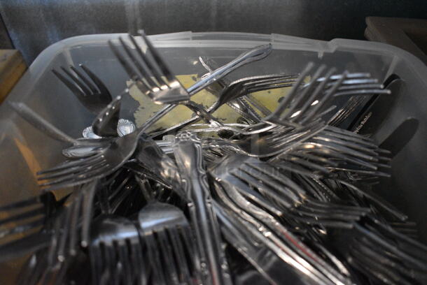 ALL ONE MONEY! Lot of Various Metal Silverware in Clear Poly Bin! 16x11x9 - Image 3 of 4