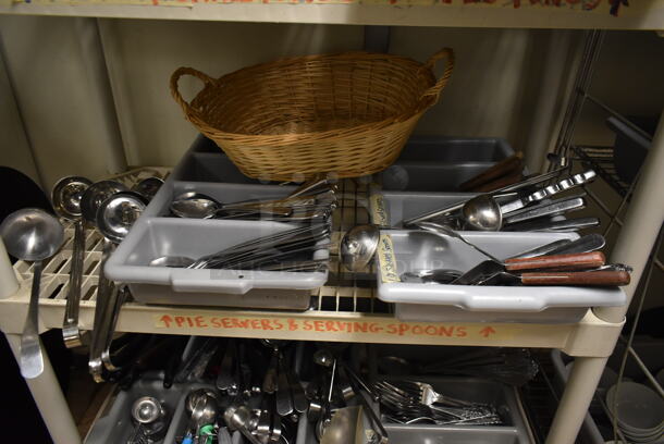 Tan Poly 4 Tier Shelving Unit w/ Contents Including Utensils. BUYER MUST REMOVE: BUYER MUST DISMANTLE. PCI CANNOT DISMANTLE FOR SHIPPING. PLEASE CONSIDER FREIGHT CHARGES. (dish room) - Image 5 of 7