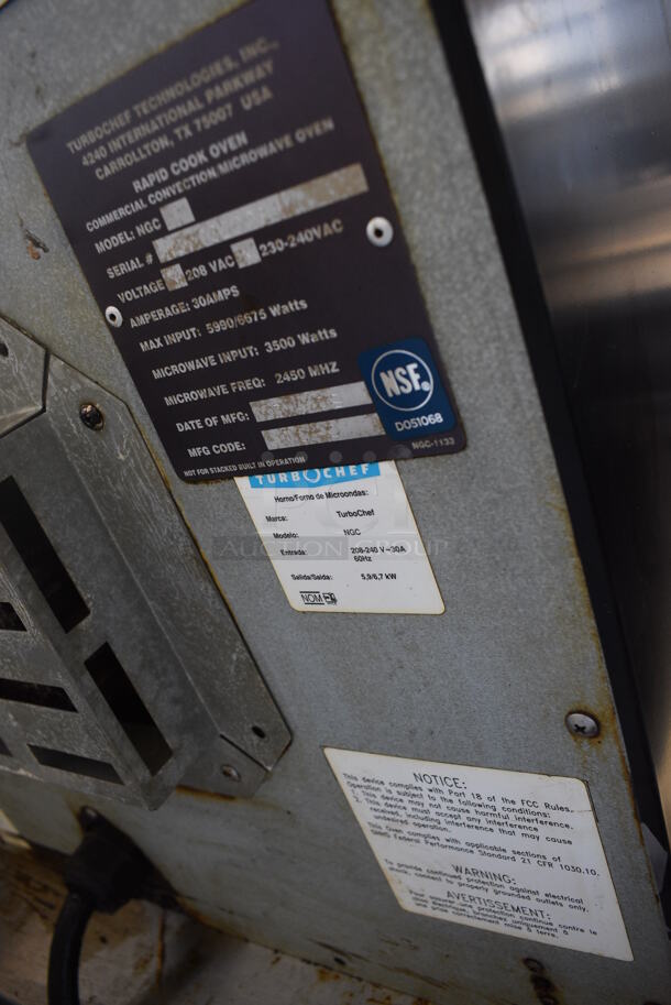 2 Turbochef Model NGCD6 Tornado Stainless Steel Commercial Countertop Electric Powered Rapid Cook Ovens on Stainless Steel Commercial 2 Tier Equipment Stand on Commercial Casters. 208/240 Volts, 1 Phase. 30x30x60. 2 Times Your Bid! - Image 6 of 7