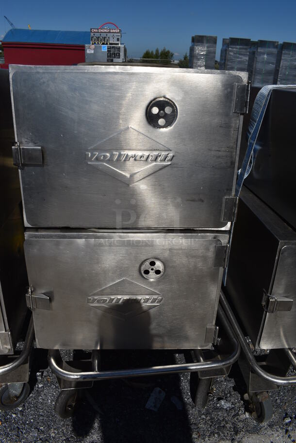 ALL ONE MONEY! Lot of 2 Vollrath Stainless Steel Catering Food Boxes on Metal Cart w/ Commercial Casters. 22x30x16, 24x36x12