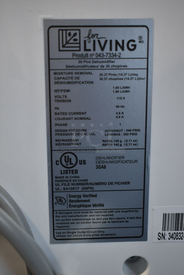 BRAND NEW SCRATCH AND DENT! For Living 043-7334-2 30 Pint Energy Star Direct Drain Dehumidifier. 115 Volts, 1 Phase. Tested and Working! - Image 5 of 5