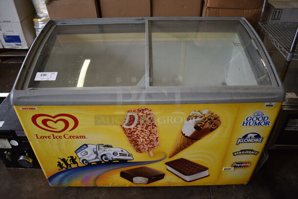 Metal Commercial Novelty Ice Cream Freezer Merchandiser w/ Sliding Lids on Commercial Casters. 49x25x35. Tested and Working!