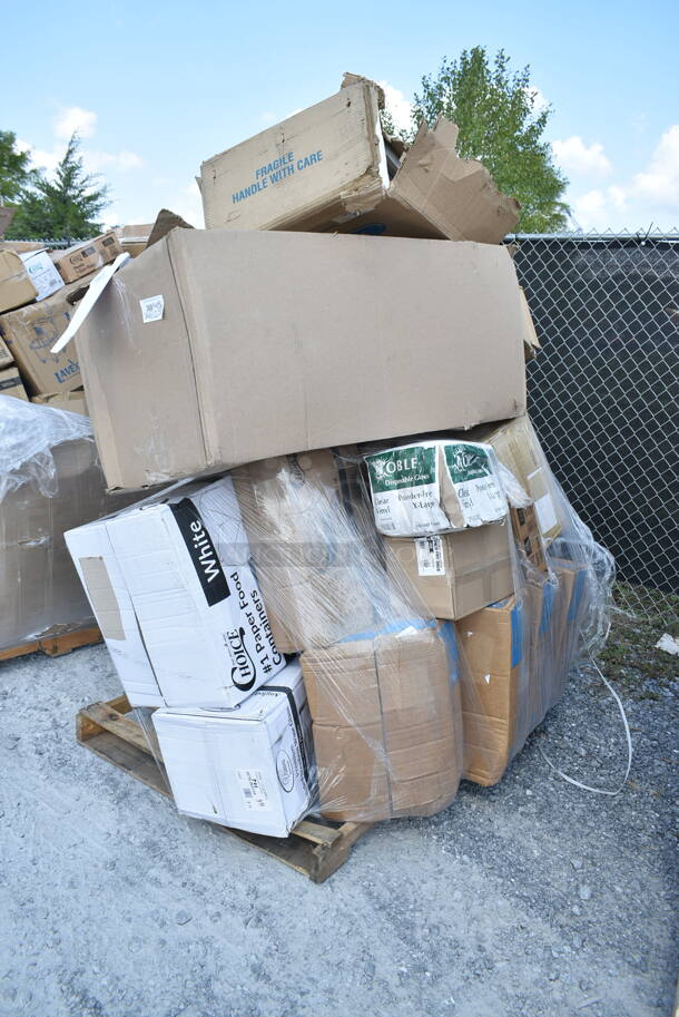 PALLET LOT of 20 BRAND NEW Boxes Including 347SLWG12A Visions 12 oz. Heavy Weight Clear Plastic Stemless Angled Wine Glass - 64/Case, 394365XL Noble Products Powder-Free Disposable Clear Vinyl Gloves for Foodservice - Extra Large - 1000/Case, 129MCR32B Choice 32 oz. Black Round Microwavable Heavy Weight Container with Lid 7 1/4" - 150/Case, 795PTOWHT1 Choice White Microwavable Folded Paper #1 Take-Out Container 4 3/8" x 3 1/2" x 2 1/2" - 450/Case, 126MF993B3C Ecopax 9" x 9" 3-Compartment Microwaveable Black Mineral-Filled Plastic Hinged Take-Out Container - 150/Case, 500CC16HW Choice Heavy Weight 16 oz. Clear Plastic Cold Cup - 1000/Case, Dart C53PST1 ClearSeal Hinged Lid Plastic Container 5 3/8" x 5 1/4" x 2 5/8" - 500/Case, 500TW16S Choice 16 oz. Translucent Thin Wall Squat Plastic Cold Cup - 1000/Case, 433NHT101 Choice 1/6 Standard Size White "Thank You" Standard-Duty Plastic T-Shirt Bag - 700/Case, 164VYCHAIRBK Lancaster Table & Seating Vineyard Series Smokey Black Outdoor Cross Back Chair, 127CH08F Choice 8 oz. Clear RPET Tall Hinged Deli Container - 200/Case, 5002CPTE Lavex 2-Ply White Center Pull Economy Paper Towel Roll, 500 Sheets / Roll - 6/Case, 394365M Noble Products Powder-Free Disposable Clear Vinyl Gloves for Foodservice - Medium - 1000/Case. 20 Times Your Bid!  - Image 1 of 12