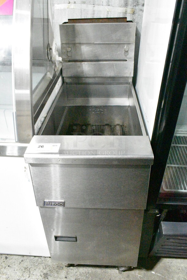 Pitco Frialator SG14 Stainless Steel Commercial Floor Style Natural Gas Powered Deep Fat Fryer on Commercial Casters. 110,000 BTU.  - Image 1 of 5