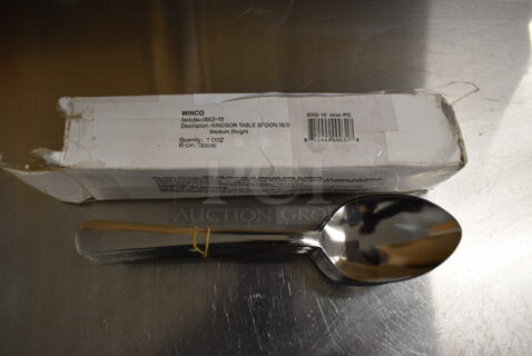 12 BRAND NEW IN BOX! Winco 0002-10 Stainless Steel Windsor Table Spoons. 8". 12 Times Your Bid!