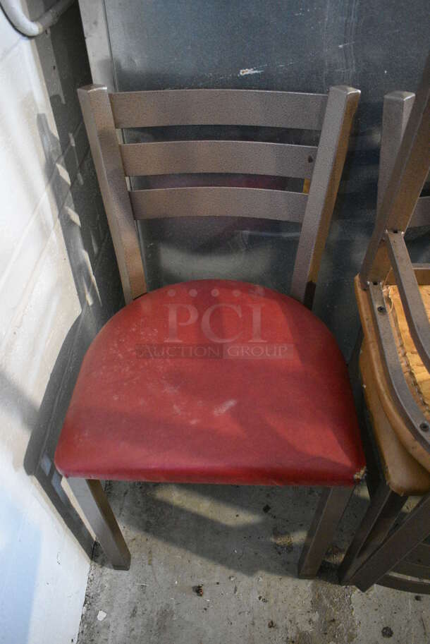 2 Brown Metal Dining Chairs w/ Red Seat Cushion. 17x16x32. 2 Times Your Bid!