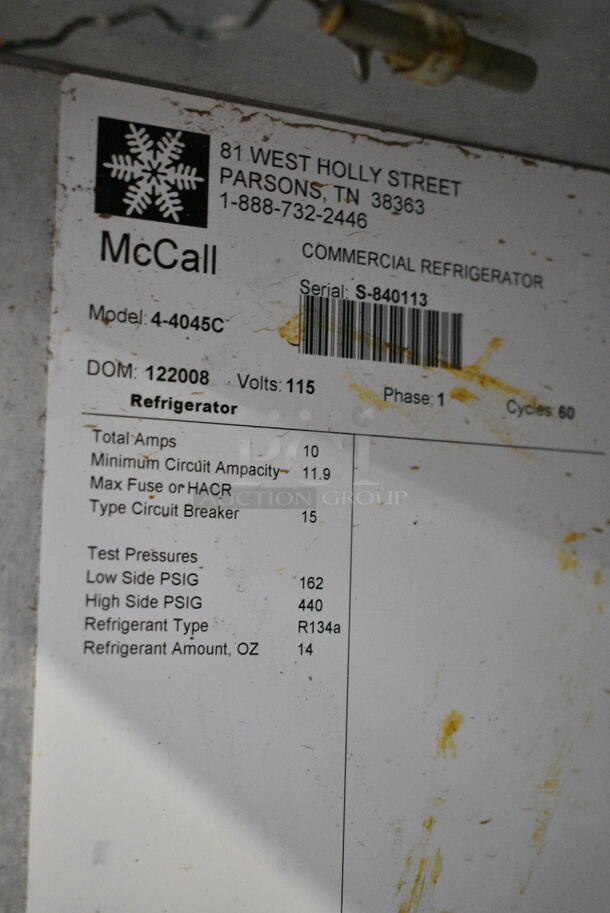 McCall 4-4045C Stainless Steel Commercial 2 Door Reach In Cooler w/ Racks. 115 Volts, 1 Phase. Tested and Working! - Image 6 of 6