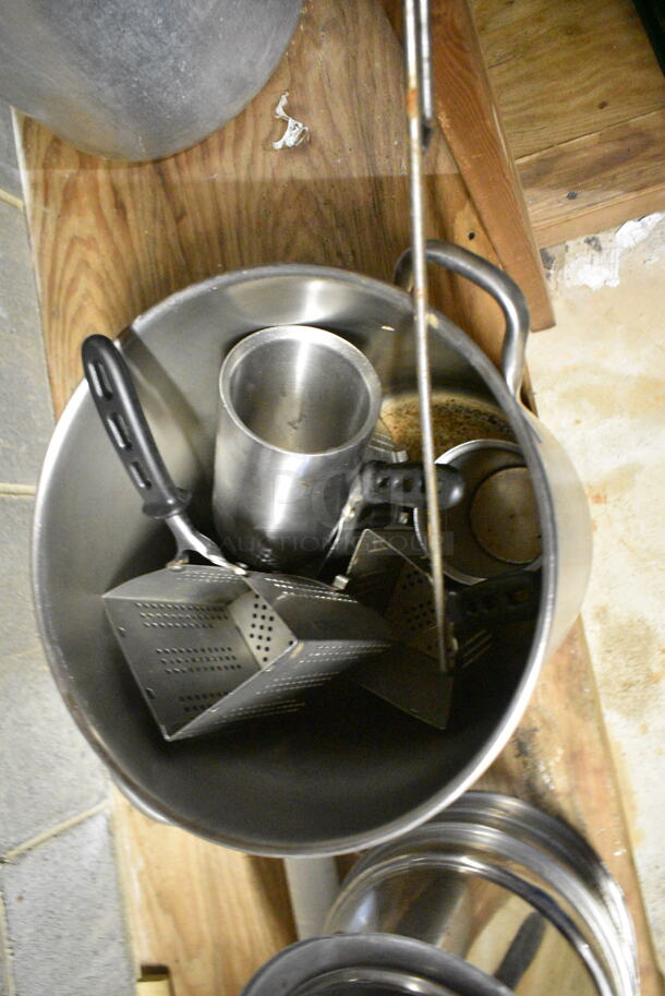 ALL ONE MONEY! Lot of Various Items Including Stainless Steel Cylindrical Drop In Bins, Stainless Steel Drop In Bin Lids, Metal Stock Pot. (basement)  - Image 3 of 7