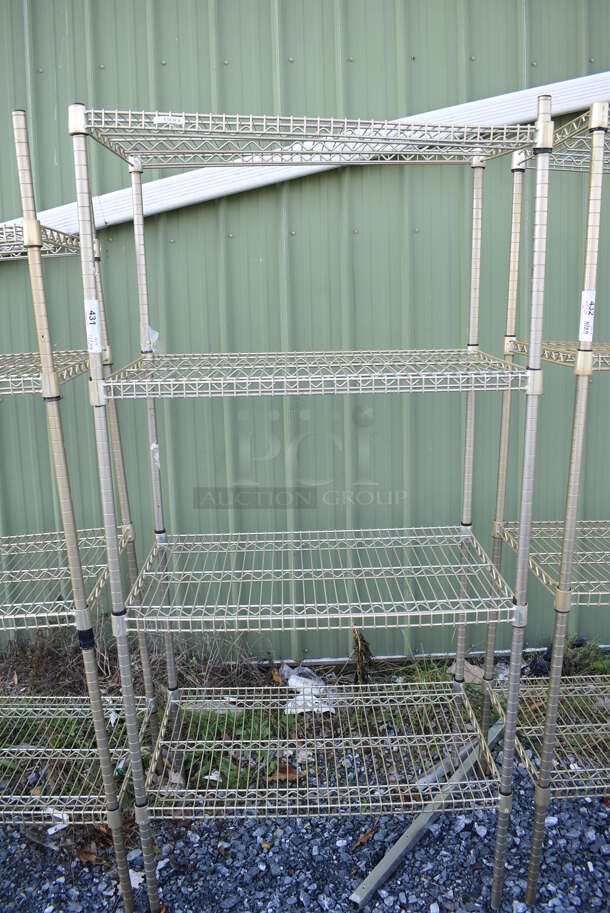 Gold Finish 4 Tier Wire Shelving Unit. BUYER MUST DISMANTLE. PCI CANNOT DISMANTLE FOR SHIPPING. PLEASE CONSIDER FREIGHT CHARGES. 36x21x75 - Image 1 of 3