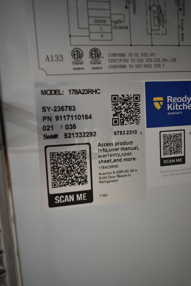 BRAND NEW SCRATCH AND DENT! 2023 Avantco 178A23RHC Stainless Steel Commercial Single Door Reach In Cooler w/ Poly Coated Racks on Commercial Casters. 115 Volts, 1 Phase. Tested and Working! - Image 8 of 8