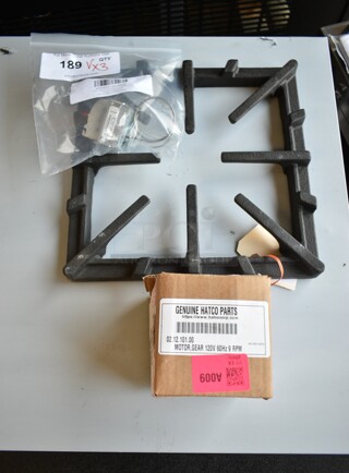3 BRAND NEW SCRATCH AND DENT! Items Including 41321210100 Hatco 02.12.101.00 Motor,Gear 120V 60Hz 9 Rpm, HP0041414600 Vulcan 00-414146-00002 Hi Limit Switch, HP0042165200 Vulcan 00-421652-00001 Grate, 12" Square. 3 Times Your Bid!