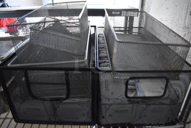 ALL ONE MONEY! Lot of Chrome Finish 5 Tier Shelving Unit w/ Contents Including Poly Cake Stand Covers, Mesh Bins, Metal Buckets, Stainless Steel Drop In Bins, Wooden Boxes and Silverware. BUYER MUST DISMANTLE. PCI CANNOT DISMANTLE FOR SHIPPING. PLEASE CONSIDER FREIGHT CHARGES. 49x18x77 - Image 9 of 12