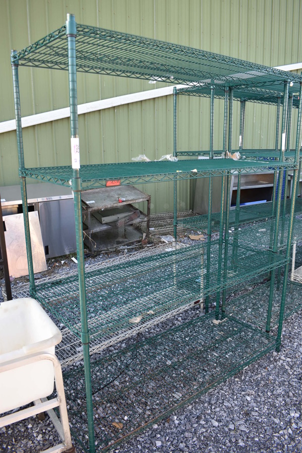 Eagle Green Finish 4 Tier Wire Shelving Unit. BUYER MUST DISMANTLE. PCI CANNOT DISMANTLE FOR SHIPPING. PLEASE CONSIDER FREIGHT CHARGES. 60x24x74 - Image 1 of 3