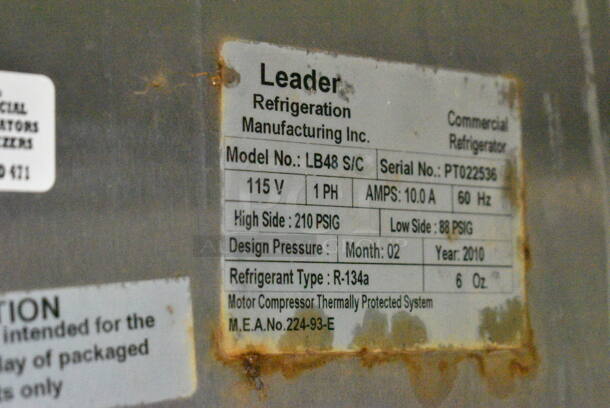 Leader LB48 S/C Stainless Steel Commercial 2 Door Undercounter Cooler on Commercial Casters. 115 Volts, 1 Phase. Tested and Working! - Image 5 of 5
