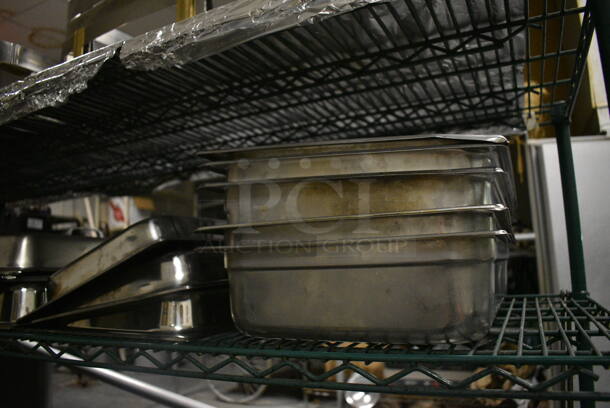 Green Finish 4 Tier Wire Shelving Unit w/ Contents Including Chafing Dish Frames, Drop In Bins and Chafing Lids. Does NOT Include POS System. BUYER MUST REMOVE. BUYER MUST DISMANTLE. PCI CANNOT DISMANTLE FOR SHIPPING. PLEASE CONSIDER FREIGHT CHARGES. 72x24x72. (kitchen) - Image 5 of 8
