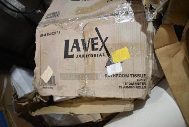 PALLET LOT of 9 BRAND NEW Items Including 164CUSHMTLBK Lancaster Table & Seating 2 1/2" Black Vinyl Padded Seat for Metal Frame Seating, 5002TPJ  Lavex 2-Ply 720' Universal Jumbo Toilet Paper Roll with 9" Diameter - 12/Case, 765EHC1P Chick-fil-A® Hero Cutter English One Pager, Vikan 77749 23 5/8" Replacement Squeegee Blade for 77545 and 77645, 765HSC56 Choice 5 1/2" x 6" Cutter for Hero Sandwich, Fineline PP3301-BK Platter Pleasers Black 8 1/2" Polypropylene Serving Fork - 144/Case, Rolls of Butcher Paper. 9 Times Your Bid!  - Image 4 of 11