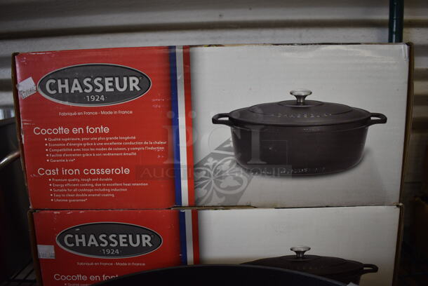 3 BRAND NEW IN BOX! Chasseur Black Cast Iron Casserole Dishes w/ Lids. 16x10x8. 3 Times Your Bid! - Image 6 of 6