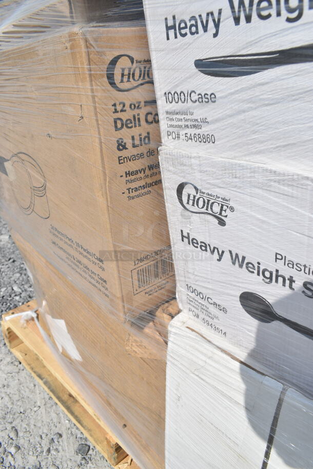 PALLET LOT of 35 BRAND NEW Boxes Including 130BKKNIFEH Choice Black Heavy Weight Plastic Knife - 1000/Case, 130BKSSPOONH Choice Black Heavy Weight Plastic Soup Spoon - 1000/Case, 500CC20 Choice Clear PET Customizable Plastic Cold Cup - 20 oz. - 600/Case, 128HD12COMBO ChoiceHD 12 oz. Microwavable Translucent Plastic Deli Container and Lid Combo Pack - 240/Case, 2 Box Choice 1.5 oz Portion Cups, 500CC24 Choice Clear PET Customizable Plastic Cold Cup - 24 oz. - 600/Case, 2 box 129MCS28B Choice 28 oz. Black Rectangular Microwavable Heavy Weight Container with Lid 8 3/4" x 6 1/4" x 1 3/4" - 150/Case, 5002TP3X496P Lavex Premium 3 1/2" x 4 1/2" Individually Wrapped 2-Ply Standard 500 Sheet Toilet Paper Roll - 96/Case, 612527L Choice 7" Round Foil-Laminated Board Lid - 500/Case, 500TW16S Choice 16 oz. Translucent Thin Wall Squat Plastic Cold Cup - 1000/Case, 130TRAY16 Visions Black PET Plastic 16" Thermoform Catering / Deli Tray - 25/Case, 500CC9 Choice 9 oz. Clear PET Customizable Plastic Squat Cold Cup - 1000/Case, 2 Box 5001RT800N Lavex 8" Natural Kraft Hardwound Paper Towel, 800 Feet / Roll - 6/Case, 164VYCHAIRBK Lancaster Table & Seating Vineyard Series Smokey Black Outdoor Cross Back Chair. 35 Times Your Bid!  - Image 4 of 12