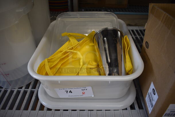 ALL ONE MONEY! Lot of Various Items Including Metal Cup, Yellow Apron and Poly Bins