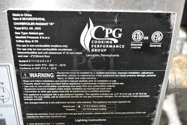 Cooking Performance Group CPG 351CRCPG15NL Stainless Steel Commercial Countertop Natural Gas Powered Charbroiler. Missing Grates. 40,000 BTU.  - Image 5 of 5