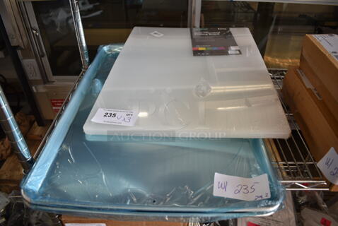 3 BRAND NEW SCRATCH AND DENT! Items; 407241875WH Choice 24" x 18" x 3/4" White Polyethylene Cutting Board, Two 407BUNFULL Choice Full Size 18" x 26" 19 Gauge Wire in Rim Aluminum Bun Pan / Sheet Pan. 3 Times Your Bid!