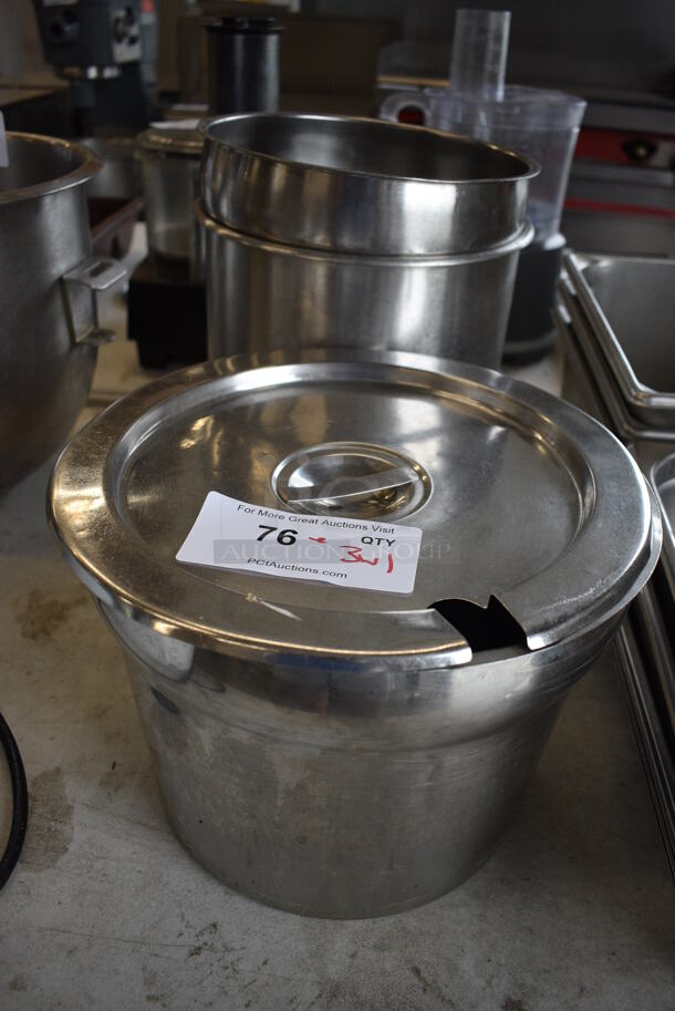 ALL ONE MONEY! Lot of 3 Various Stainless Steel Cylindrical Bins and 1 Lid. Includes 9.5x9.5x8.5