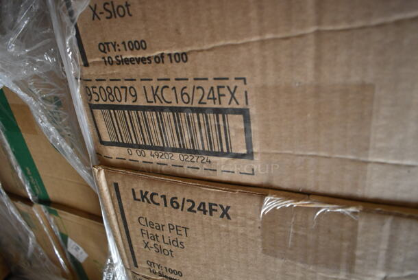 PALLET LOT of 32 BRAND NEW Boxes Including 760SOUP16WPA Choice 16 oz. White Double Poly-Coated Paper Food Cup with Vented Paper Lid - 250/Case, 612FS1212 Choice Half Size Foil Steam Table Pan Shallow 1 1/2" Depth - 100/Case, 3 Box LKC16/24FX Fabri-Kal LKC16/24FX Kal-Clear / Nexclear 12 / 14, 16 / 18, 20, and 24 oz. Clear Plastic Flat Lid with Straw Slot - 1000/Case, 4 Box 395TO961 EcoChoice 9" x 6" x 3" Compostable Sugarcane / Bagasse 1 Compartment Take-Out Container - 200/Case, 2 Box Noble Medium Gloves, 2 Box Lavex C Fold Towels, Bakers Mark 10" Cake Circles, Various Choice Portion Cups, 4 Box 130TONG9HDBK Visions 9" Individually Wrapped Extra Heavy-Duty Black Disposable Polypropylene Tongs - 24/Case. 32 Times Your Bid!  - Image 4 of 12