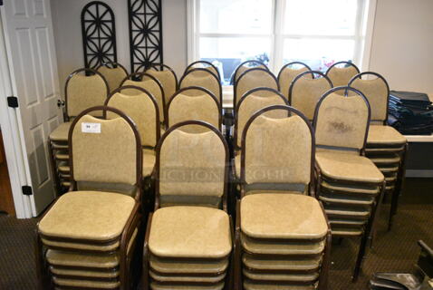 110 Brown Metal Stackable Banquet Chair. 110 Times Your Bid! BUYER MUST REMOVE: Bring Tools and Manpower Needed To Remove This Item. (secondary dining room) 