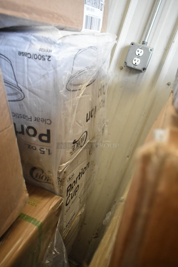 PALLET LOT of 32 BRAND NEW Boxes Including 760SOUP16WPA Choice 16 oz. White Double Poly-Coated Paper Food Cup with Vented Paper Lid - 250/Case, 612FS1212 Choice Half Size Foil Steam Table Pan Shallow 1 1/2" Depth - 100/Case, 3 Box LKC16/24FX Fabri-Kal LKC16/24FX Kal-Clear / Nexclear 12 / 14, 16 / 18, 20, and 24 oz. Clear Plastic Flat Lid with Straw Slot - 1000/Case, 4 Box 395TO961 EcoChoice 9" x 6" x 3" Compostable Sugarcane / Bagasse 1 Compartment Take-Out Container - 200/Case, 2 Box Noble Medium Gloves, 2 Box Lavex C Fold Towels, Bakers Mark 10" Cake Circles, Various Choice Portion Cups, 4 Box 130TONG9HDBK Visions 9" Individually Wrapped Extra Heavy-Duty Black Disposable Polypropylene Tongs - 24/Case. 32 Times Your Bid!  - Image 10 of 12