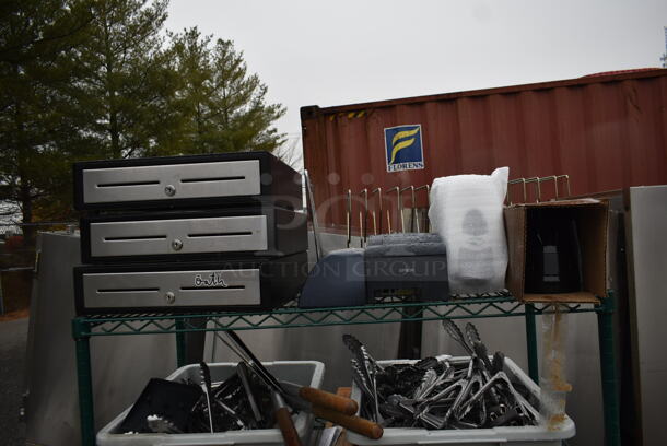 ALL ONE MONEY! Lot of 4 Tiers of Various Items Including Metal Cash Drawers, Utensils and Brackets. Does Not Include Shelving Unit. - Image 2 of 5