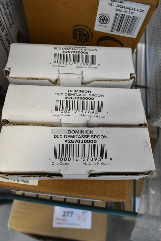 5 BRAND NEW SCRATCH AND DENT! Items Including 3 Box 267020000 Choice Dominion 4 1/4" 18/0 Stainless Steel Demitasse Spoon - 12/Case, 2 Box American Metalcraft ASPG 6 oz. Gold Oval Hammered Aluminum Sugar Packet / Cube Holder. 5 Times Your Bid!  - Image 3 of 6