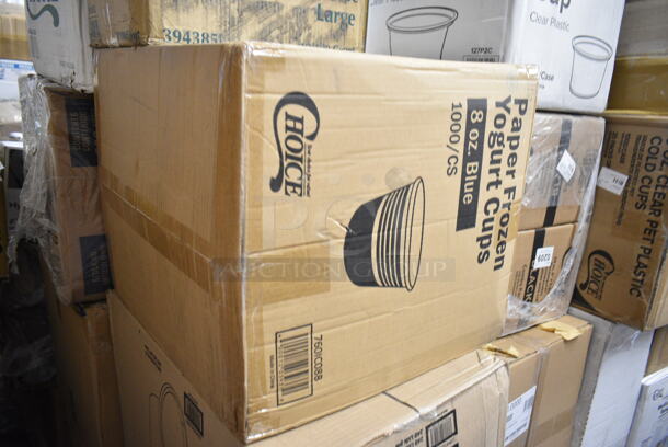 PALLET LOT of 40 BRAND NEW Boxes Including 66TALLFLDB 6" x 13" Dispenser Napkin, 394385L Disposable Latex Gloves for Foodservice, 129MCR38B Choice 38 oz. Black Round Microwavable Heavy Weight Container with Lid - 150/Case, 760IC08B Choice 8 oz. Blue Paper Frozen Yogurt / Food Cup - 1000/Case, 32130.0000 Air Pot, 2 Box 129MCS24B Choice 24 oz. Black Rectangular Microwavable Heavy Weight Container with Lid 8" x 5 1/4" x 2" - 150/Case, Choice 2 oz Portion Cup, 2 Box 3941083M Lavex Medium Gloves, 612LOB225LBC Choice 2.25 lb. Oblong Foil Take-Out Container with Board Lid - 250/Case, 4 Box 130SVSPN600 Visions 6 1/4" Flared Heavy Weight Silver Plastic Spoon - 600/Case, 130WSPOONWP White Spoon, Enjay White Embossed, 2 Box 129MCR38B Choice 38 oz. Black Round Microwavable Heavy Weight Container with Lid - 150/Case, 3 Box WTSB33 American Metalcraft WTSB33 31" Black Wood Folding Tray Stand with Black Straps, Enjay 10" White Embossed Plates, 500CC9 Choice 9 oz. Clear PET Customizable Plastic Squat Cold Cup - 1000/Case. 40 Times Your Bid! - Image 4 of 12