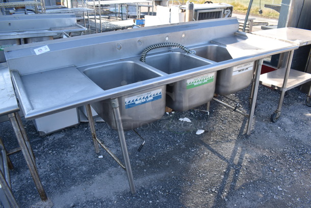 Stainless Steel Commercial 3 Bay Sink w/ Dual Drain Boards, Faucet, Handles and Spray Nozzle Attachment. 96x32x45. Bays 18x24x12. Drain Board 16x28x1 - Image 1 of 5